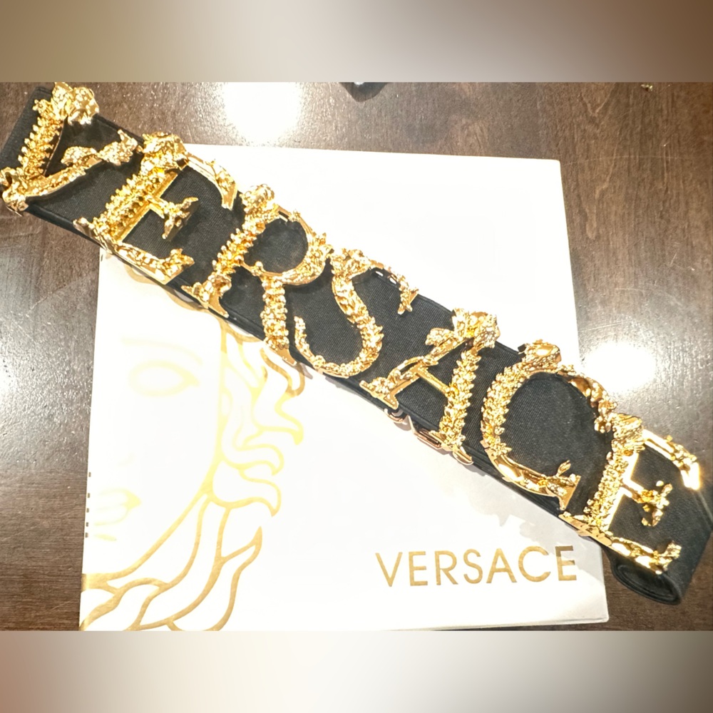 Versace Black and Gold Embellished Logo Belt